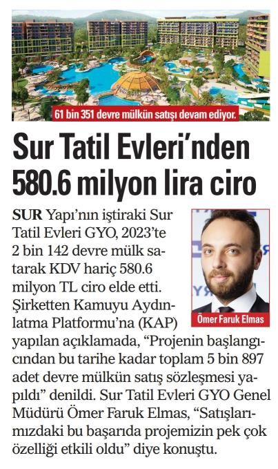 Sur Tatil Evleri'nden 580.6 milyon lira ciro