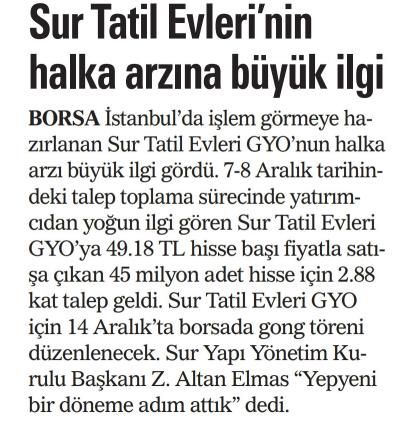 Sur Tatil Evleri'nin halka arzna byk ilgi