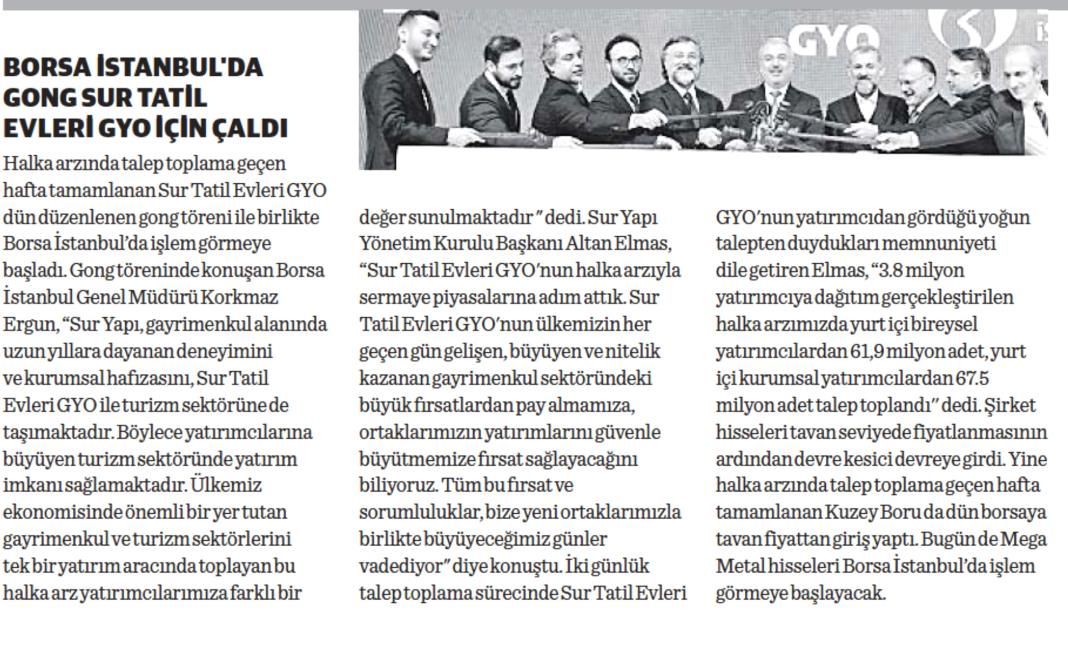 Borsa stanbul'da Gong Sur Tatil Evleri Gyo iin ald