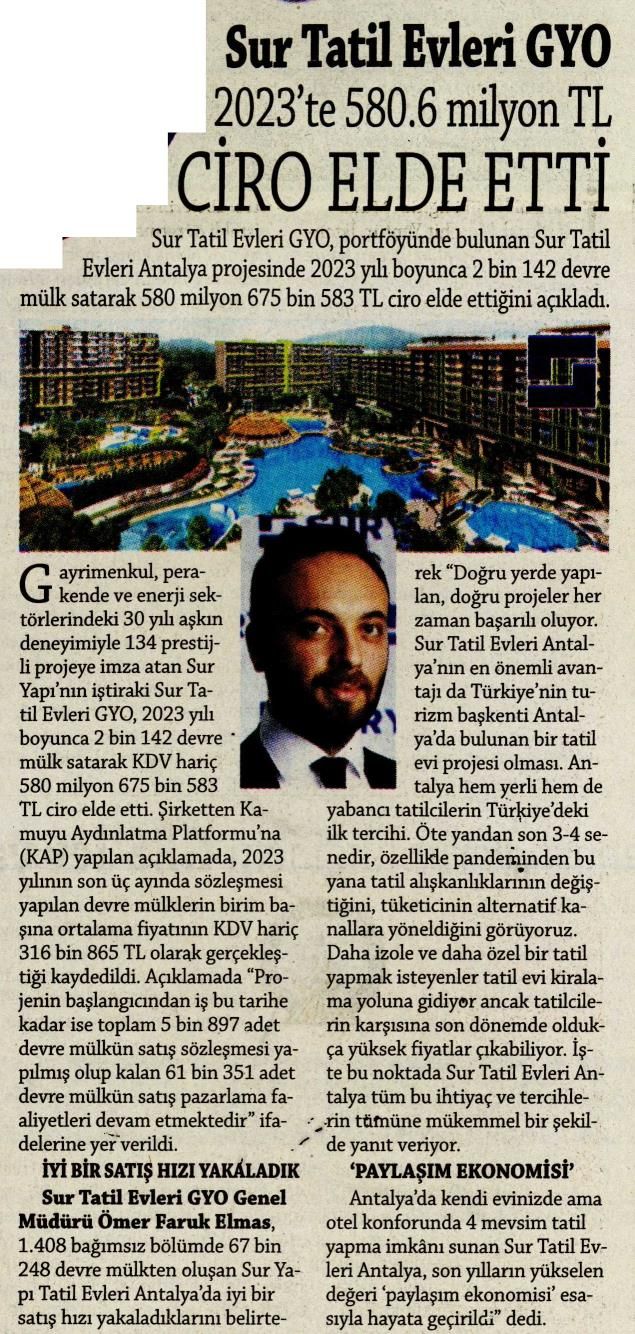 Sur Tatil Evleri Gyo 2023'te 580,6 Milyon TL Ciro Elde Etti